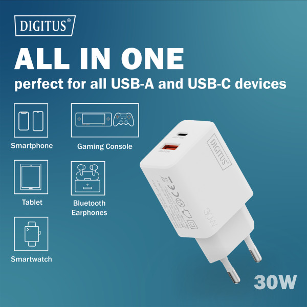 Фото - Сетевое зарядное устройство Digitus GaN 1хUSB-C 1хUSB-A 30W (DA-10301)