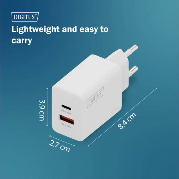 Фото - Сетевое зарядное устройство Digitus GaN 1хUSB-C 1хUSB-A 30W (DA-10301)