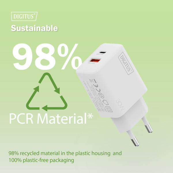 Фото - Сетевое зарядное устройство Digitus GaN 1хUSB-C 1хUSB-A 30W (DA-10301)