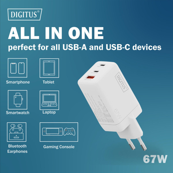 Фото - Мережевий зарядний пристрій Digitus GaN 2хUSB-C 1хUSB-A 67W (DA-10303)