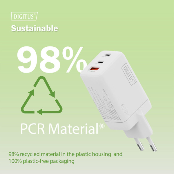 Фото - Мережевий зарядний пристрій Digitus GaN 2хUSB-C 1хUSB-A 67W (DA-10303)