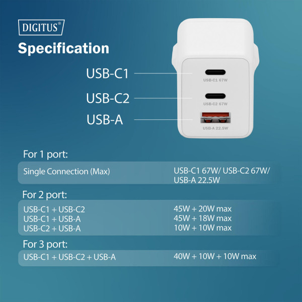 Фото - Мережевий зарядний пристрій Digitus GaN 2хUSB-C 1хUSB-A 67W (DA-10303)