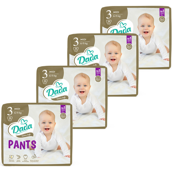 Фото - Одноразові підгузки-трусики Dada Extra Soft Розмір 3 (6–11 кг.), 136 шт. (34*4 шт.) (4820174989613) Фото - Одноразові підгузки-трусики Dada Extra Soft Розмір 3 (6–11 кг.), 136 шт. (34*4 шт.) (4820174989613)