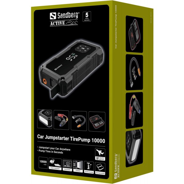 Фото - Батарея мобильная Sandberg Car Jumpstarter TirePump 10000 USB-A USB-C фонарь 2W (421-21)