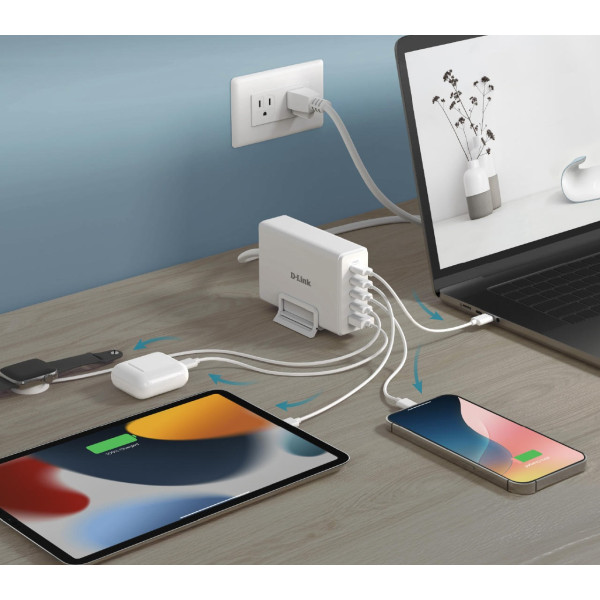Фото - Мережевий зарядний пристрій D-Link 240Вт GaN 4хUSB-С 1xUSB-A White (DCF-241)