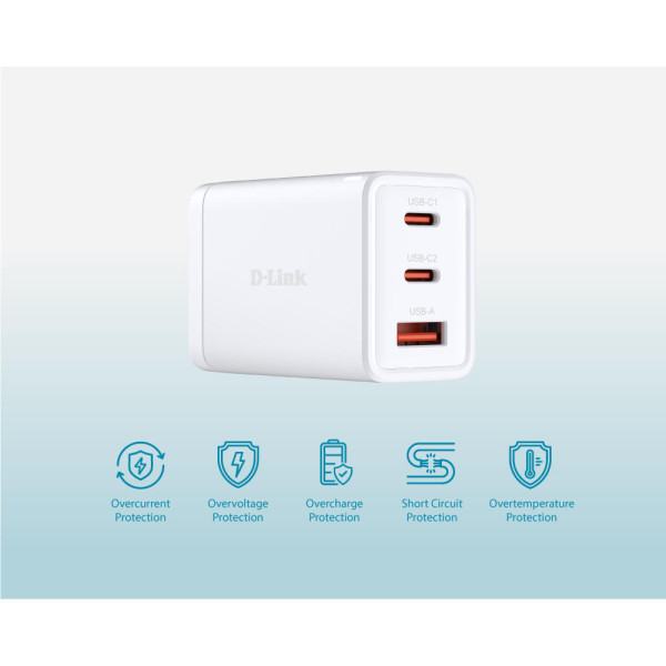 Фото - Мережевий зарядний пристрій D-Link DCP-651 65Вт GaN 2хUSB-С, 1xUSB-A White (DCP-651)
