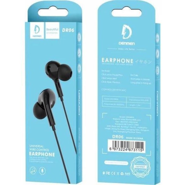 Фото - Наушники вкладыши проводные Denmen DR06 3.5mm 1.2 м Black (DE-DR06-BK)
