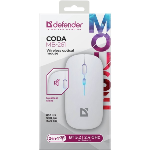 Фото - Мышь беспроводная Defender Coda MB-261, 2.4G, BT,rainbow,rechargeable White (52262)