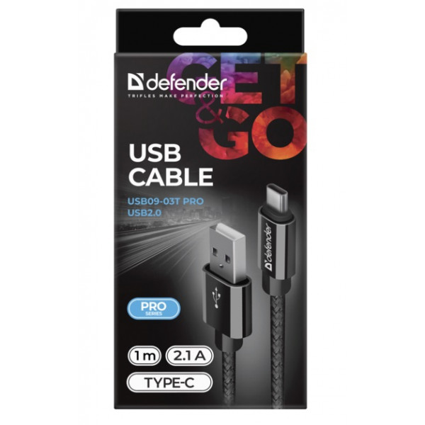 Фото - Кабель синхронізації даних Defender USB09-03T PRO USB2.0 AM-Type-C Black 1m (87814)