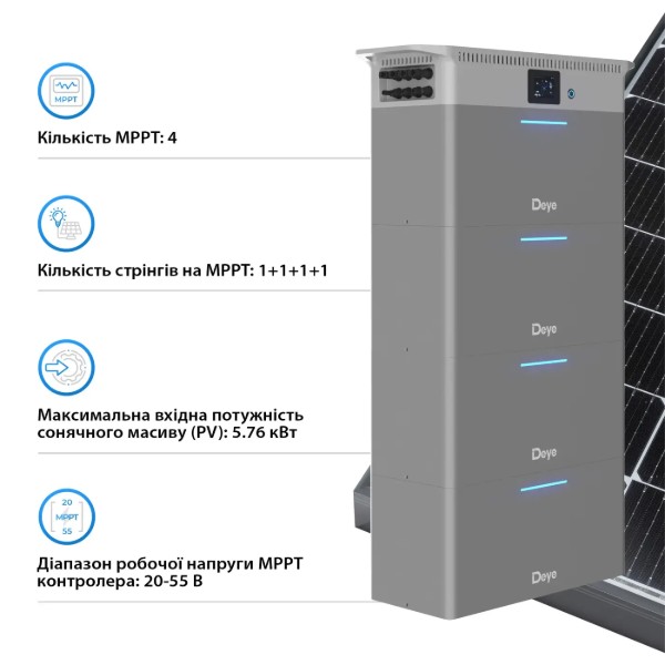 Фото - Система хранения энергии Deye 2.5kW 10kWh LiFePO4 51.2V 4 MPPT 220/230V Однофазная (SUN-BK250-10KWH-EU-AM4-32L)