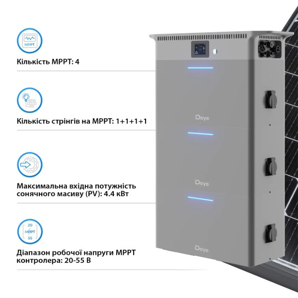 Фото - Система хранения энергии Deye 2.5kW 7.5kWh LiFePO4 51.2V 4 MPPT 220/230V Однофазная (SUN-BK250-7.5KWH-EU-AM4-18L)