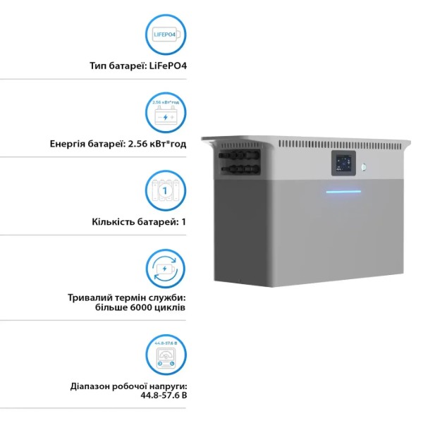 Фото - Система зберігання енергії Deye SUN-BK250-2.56KWH-EU-AM4-18L (1ф., 2.5kW, 2.56kWh, LiFePO4 51.2V)