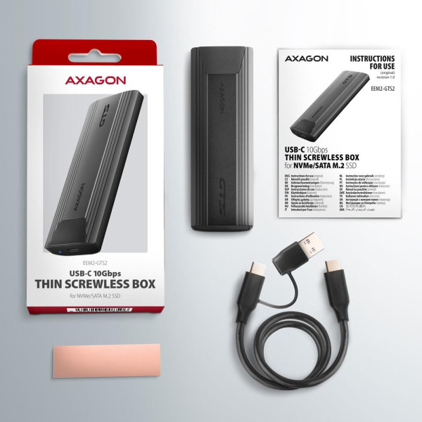 Фото - Внешний карман AXAGON USB-C 10Gbps - M.2 NVMe & SATA SSD THIN SCREWLESS box (EEM2-GTS2)