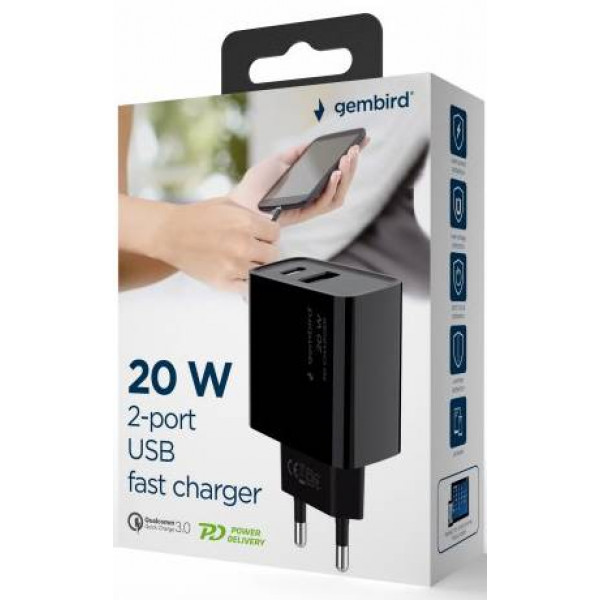 Фото - Мережевий зарядний пристрій Gembird USB-A + 1 Type-C PD20Вт + QC3.0 18Вт (TA-UC-PDQC20-01-BK)