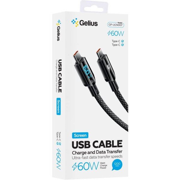 Фото - Кабель синхронізації даних Gelius Screen GP-UCN007 Type-C 1.2m 60W Black (99208)