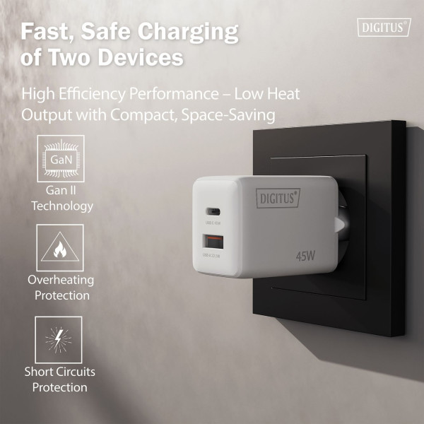 Фото - Мережевий зарядний пристрій Digitus GaN 1хUSB-C 1хUSB-A 45W (DA-10302)