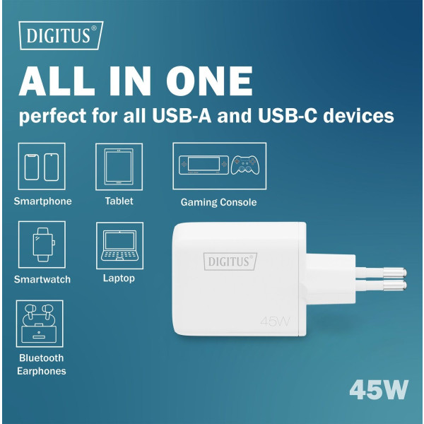 Фото - Мережевий зарядний пристрій Digitus GaN 1хUSB-C 1хUSB-A 45W (DA-10302)