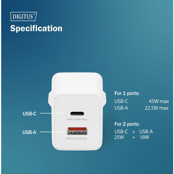 Фото - Мережевий зарядний пристрій Digitus GaN 1хUSB-C 1хUSB-A 45W (DA-10302)
