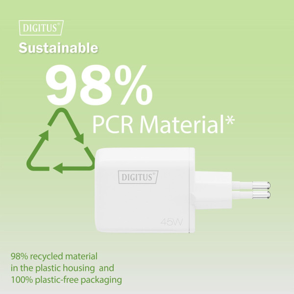 Фото - Мережевий зарядний пристрій Digitus GaN 1хUSB-C 1хUSB-A 45W (DA-10302)