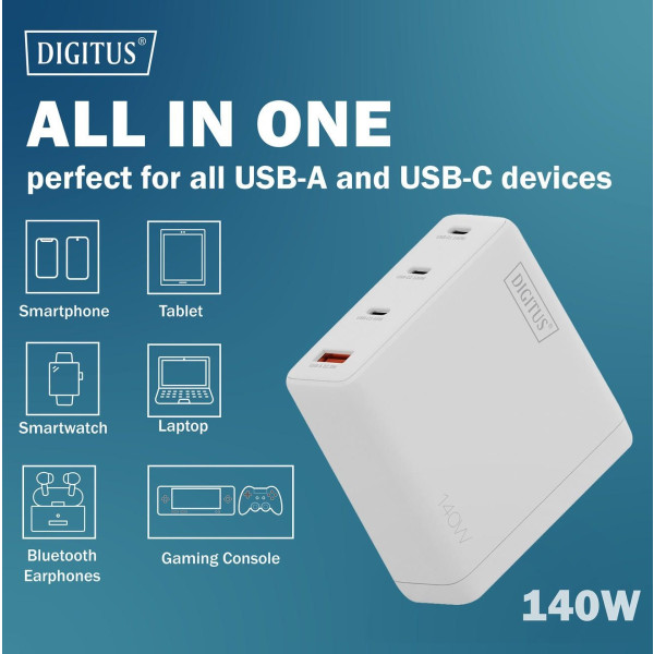 Фото - Мережевий зарядний пристрій Digitus GaN 3хUSB-C 1хUSB-A 140W (DA-10305)