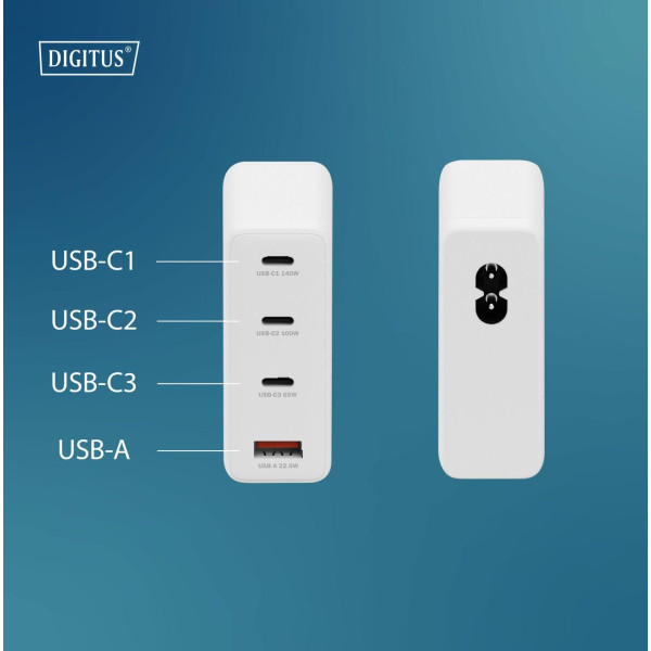 Фото - Мережевий зарядний пристрій Digitus GaN 3хUSB-C 1хUSB-A 140W (DA-10305)