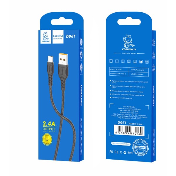 Фото - Кабель Denmen D06T Silicone USB Type-C 2.4A 1m Black (DM-D06T-BK)