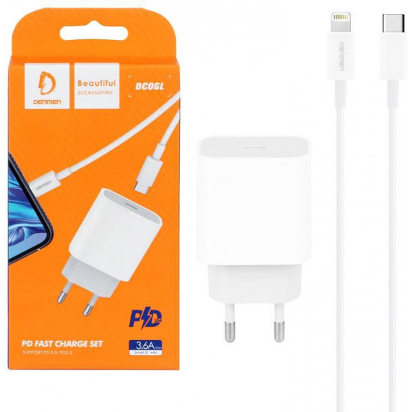Фото - Мережевий зарядний пристрій Denmen DC06 20W 3.6A USB-C White з кабелем Type-C - Lightning (DM-DC06L-WH)