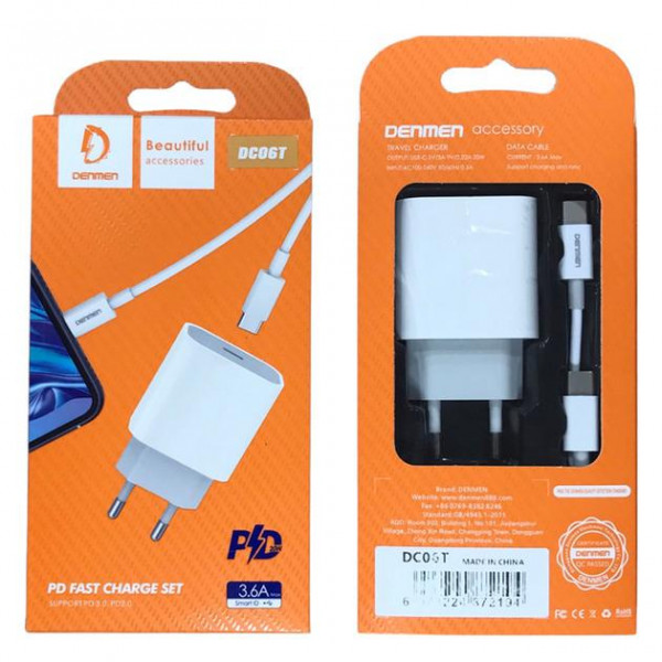 Фото - Мережевий зарядний пристрій Denmen DC06 20W 3.6A USB-C White з кабелем Type-C - Type-C (DM-DC06T-WH)