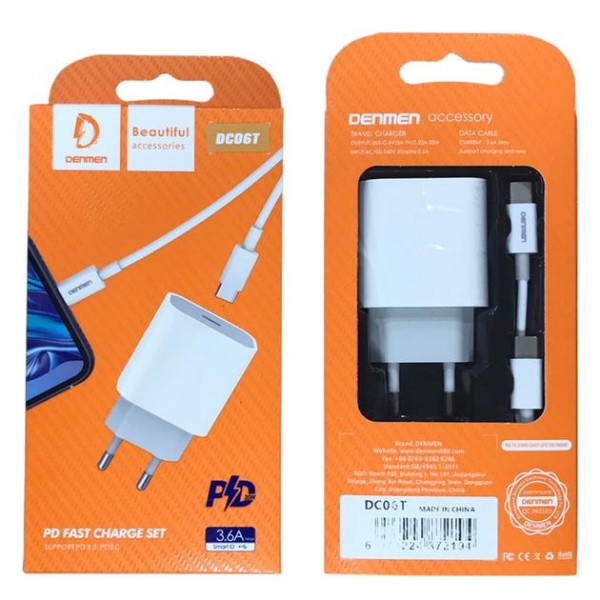 Фото - Сетевое зарядное устройство Denmen DC06 20W 3.6A USB-C White с кабелем Type-C - Type-C (DM-DC06T-WH)