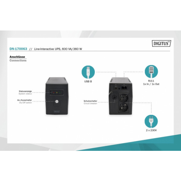 Фото - Джерело безперебійного живлення Digitus 600VA/360W,LED,2xSchuko,RJ11,USB (DN-170063)
