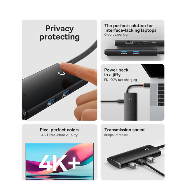 Фото - Хаб USB Baseus Type-C to HDMI+USB3.0*2+Type-C Data+SD/TF Black (WKQX050001)