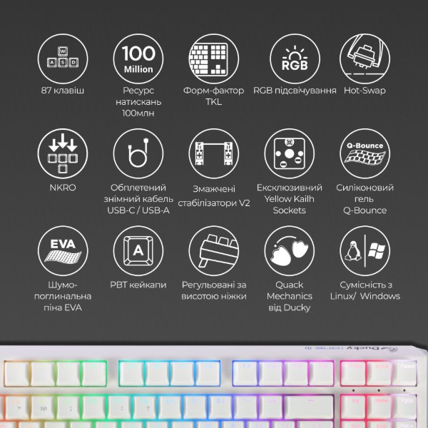 Фото - Клавиатура проводная игровая Ducky One 3 TKL Cherry MX Red RGB White UA (DKON2187ST-RUAPXPWWWSC1)