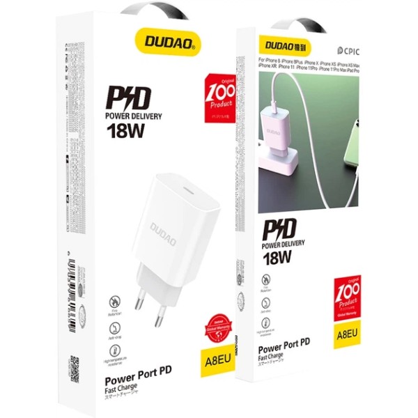 Фото - Сетевое зарядное устройство Dudao Power Port PD A8EUset 20W Type-C White (QT-DudaoA8EUset)