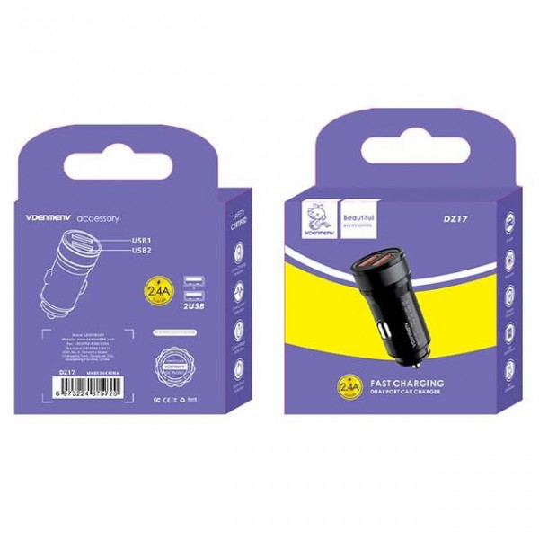 Фото - Автомобільний зарядний пристрій Denmen 2USB 2.4A Black (DZ17-BK)