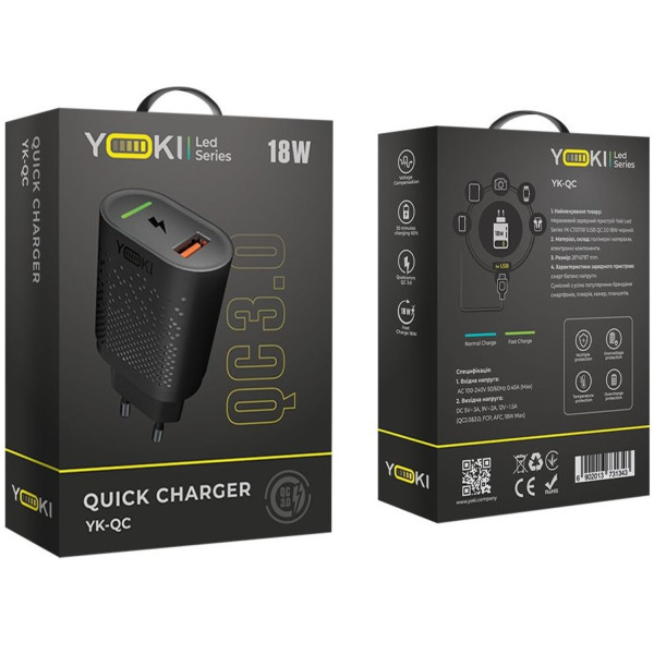 Фото - Сетевое зарядное устройство YOKI Led Series 3.0 18W Black (YK-QC)