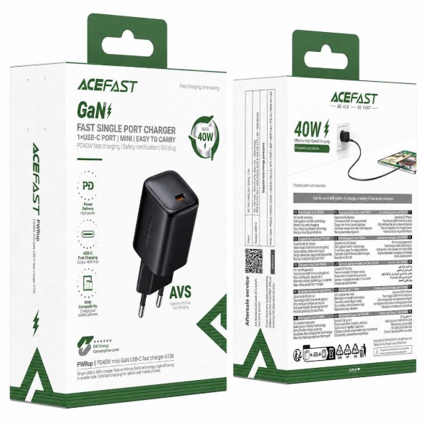 Фото - Сетевое зарядное устройство AceFast A136 PD40W mini GaN USB-C fast charger Black  (6974316286233)