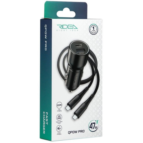 Фото - Автомобильное зарядное устройство Ridea QPow Pro 1USB/1USB-C PD/QC 47.5W+Type-C to Type-C Black (RCC-47114)