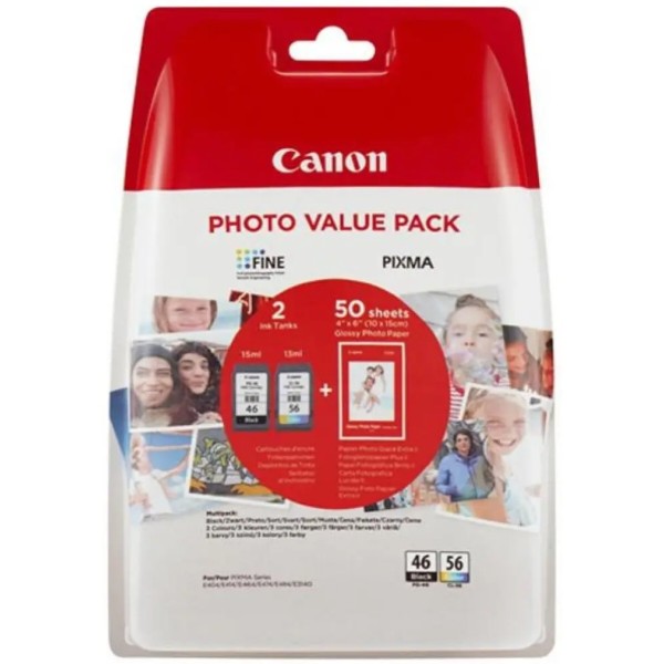 Фото - Картридж для струйных МФУ и принтеров Canon PG-46/CL-56 Multipack Black+Color + фотобумага 4х6 210 г/м2 50 листов (9059B006AA)