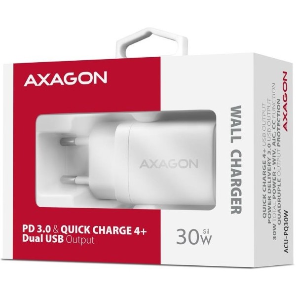 Фото - Сетевое зарядное устройство AXAGON QC3.0,4.0/AFC/FCP/PPS/Apple + PD type-C, 30W White (ACU-PQ30W)