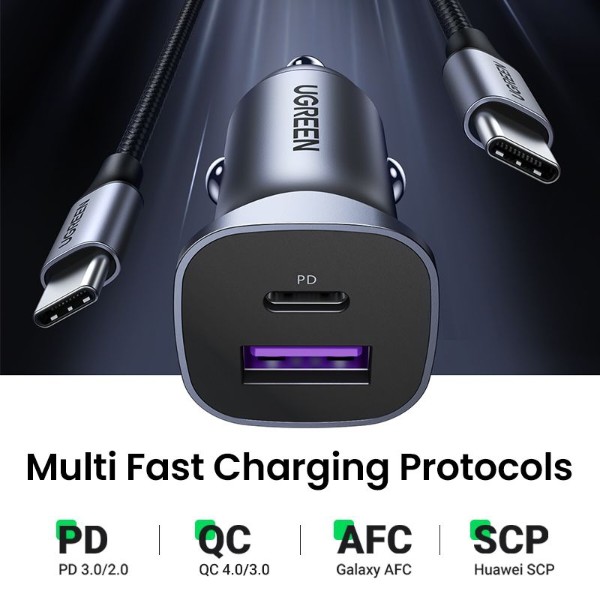Фото - Автомобильное зарядное устройство UGREEN 2xUSB 30W USB-A + USB-C QC 4.0 EC305 (25845)