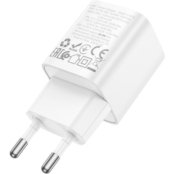 Фото - Сетевое зарядное устройство HOCO C147A Charm PD20W+QC3.0 charger (EU) White (6942007630276)