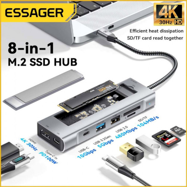 Фото - Хаб USB Essager QK The Universe 8 in 1 Laptop USB C HUB Grey (EHB08-QK0G-Z)