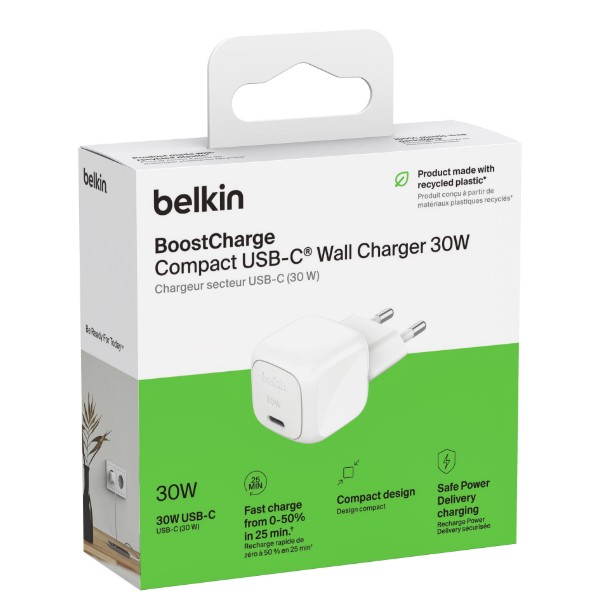 Фото - Сетевое зарядное устройство Belkin 30Вт USB-С PD PPS White (WCA008KQWH)