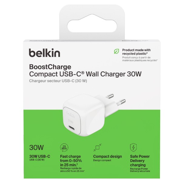 Фото - Сетевое зарядное устройство Belkin 30Вт USB-С PD PPS White (WCA008KQWH)