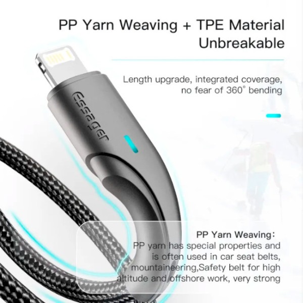 Фото - Кабель Essager Rousseau 3A Fast Charging USB Lightning Cable 2m Black (EXCL-LSA01)