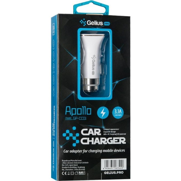 Фото - Автомобільний зарядний пристрій Gelius Pro Apollo GP-CC01 2USB 3.1A + Cable Type-C White (71435)