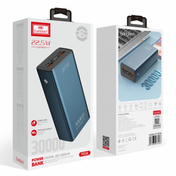 Фото - Батарея мобильная Earldom ET-PD36 30000mAh Metal Alloy QC3.0/PD2.0/PD3.0/22.5W Dark Blue (PB-000124)