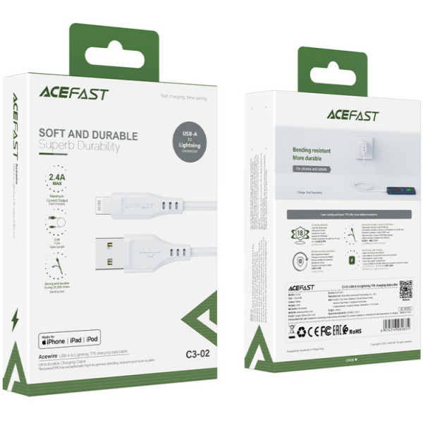 Фото - Кабель синхронизации данных AceFast USB 2.0 USB-A to Lighting, 1,2 м, 2,4A, TPE C3-02 White (6974316280835)
