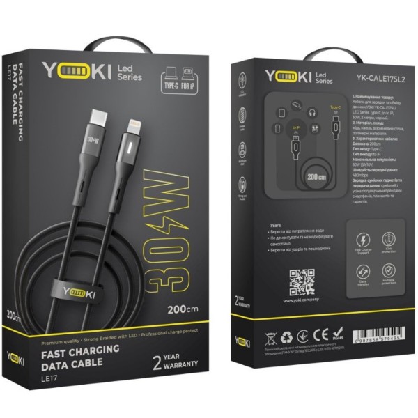Фото - Кабель YOKI LED Type-C to Lightning 30W 2m Black (YK-LE17)