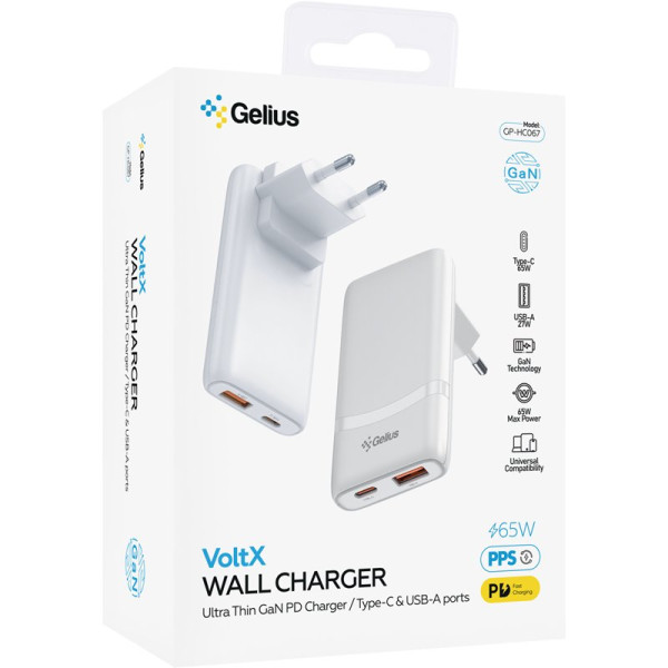 Фото - Мережевий зарядний пристрій Gelius VoltX GP-HC067 GaN 65W 1USB + 1Type-C White (101284)
